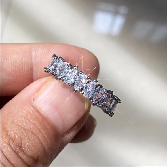 New Pear Cut Silver Diamond Wedding Ring Band - Picture 2 of 6